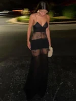 Lace See Through Sling Maxi Dress Women Sexy Slim Black Backless Sleeveless Long Dresses Female Summer Chic Party Evening Robes